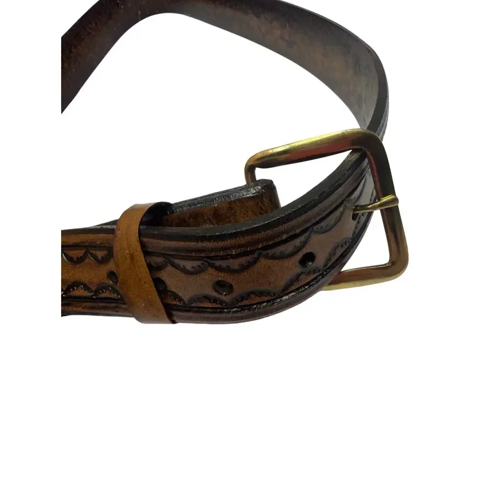 Brown Leather Belt 1 1/4 inch wide, line/border tool brown solid brass buckle